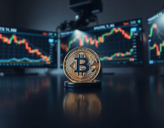Bitcoin coin on reflective surface with trading charts in background