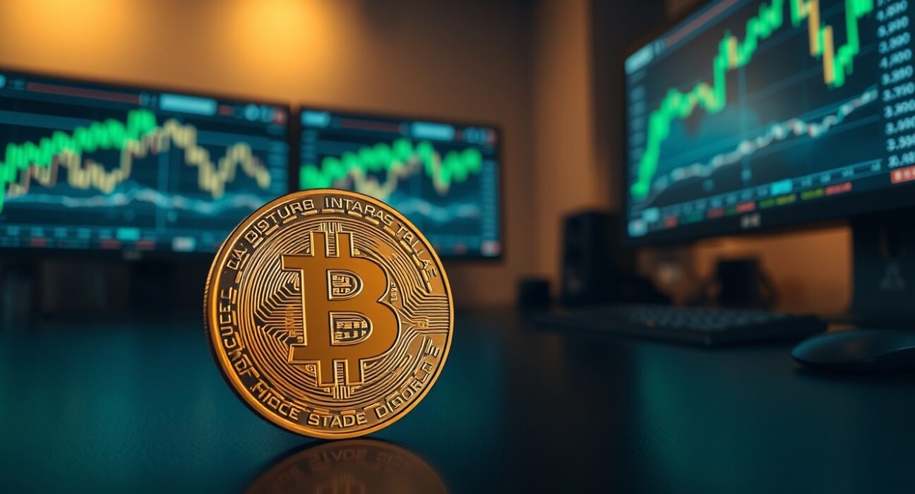 Bitcoin coin on trading desk with monitors showing green price charts