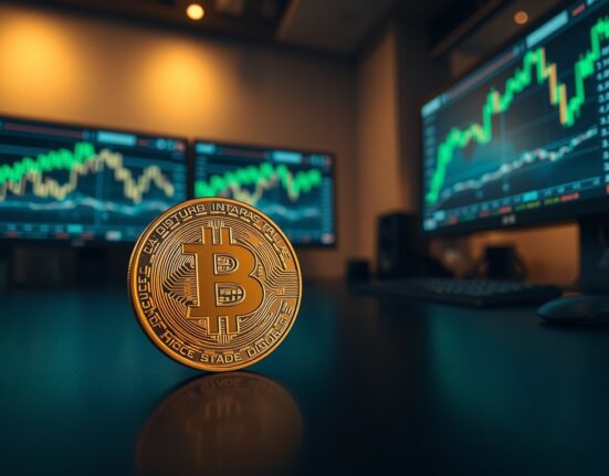 Bitcoin coin on trading desk with monitors showing green price charts
