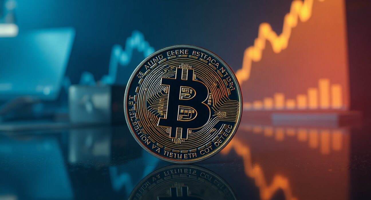 Bitcoin coin on reflective surface with upward price chart in background