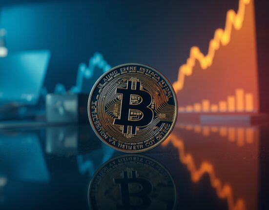 Bitcoin coin on reflective surface with upward price chart in background