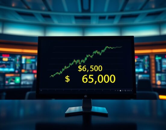 Bitcoin price chart showing a green candle crossing the $65,000 level on a trading monitor in a professional setting.