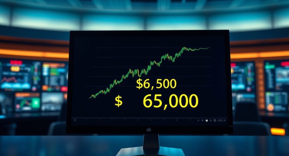 Bitcoin price chart showing a green candle crossing the $65,000 level on a trading monitor in a professional setting.