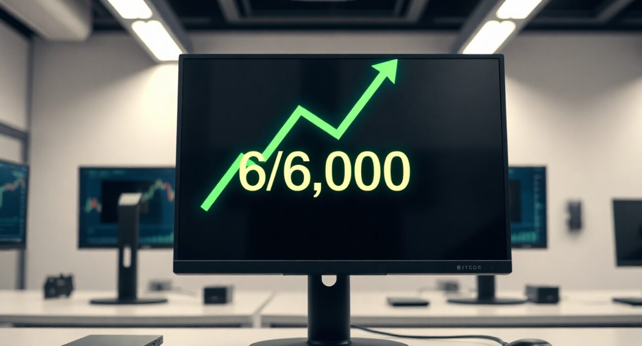 Digital trading screen showing Bitcoin price at $66,000 with a green upward arrow.