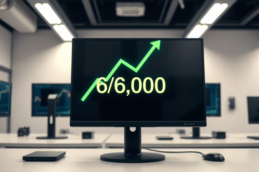 Digital trading screen showing Bitcoin price at $66,000 with a green upward arrow.