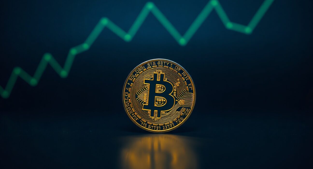 Bitcoin coin on dark surface with green chart lines in background
