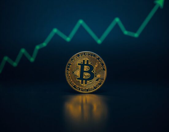 Bitcoin coin on dark surface with green chart lines in background