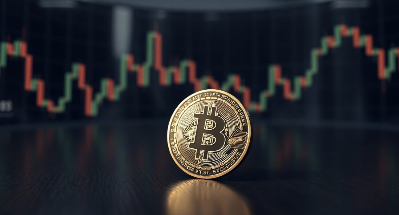 Bitcoin coin on a desk with chart reflections in the background