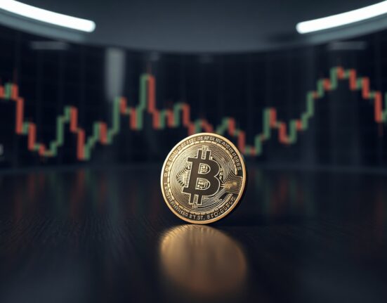 Bitcoin coin on a desk with chart reflections in the background