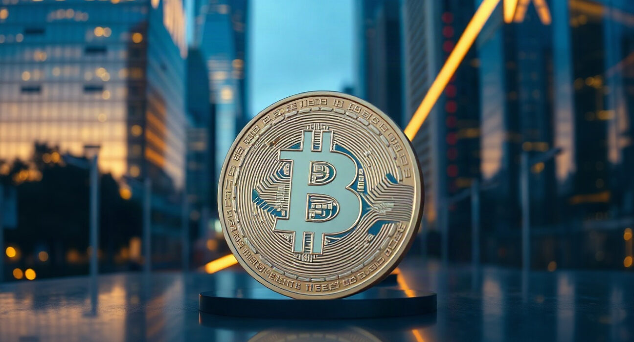 Bitcoin coin on reflective surface with upward light arrow, symbolizing price rise above $76,000.