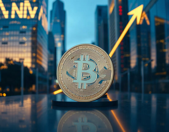 Bitcoin coin on reflective surface with upward light arrow, symbolizing price rise above $76,000.