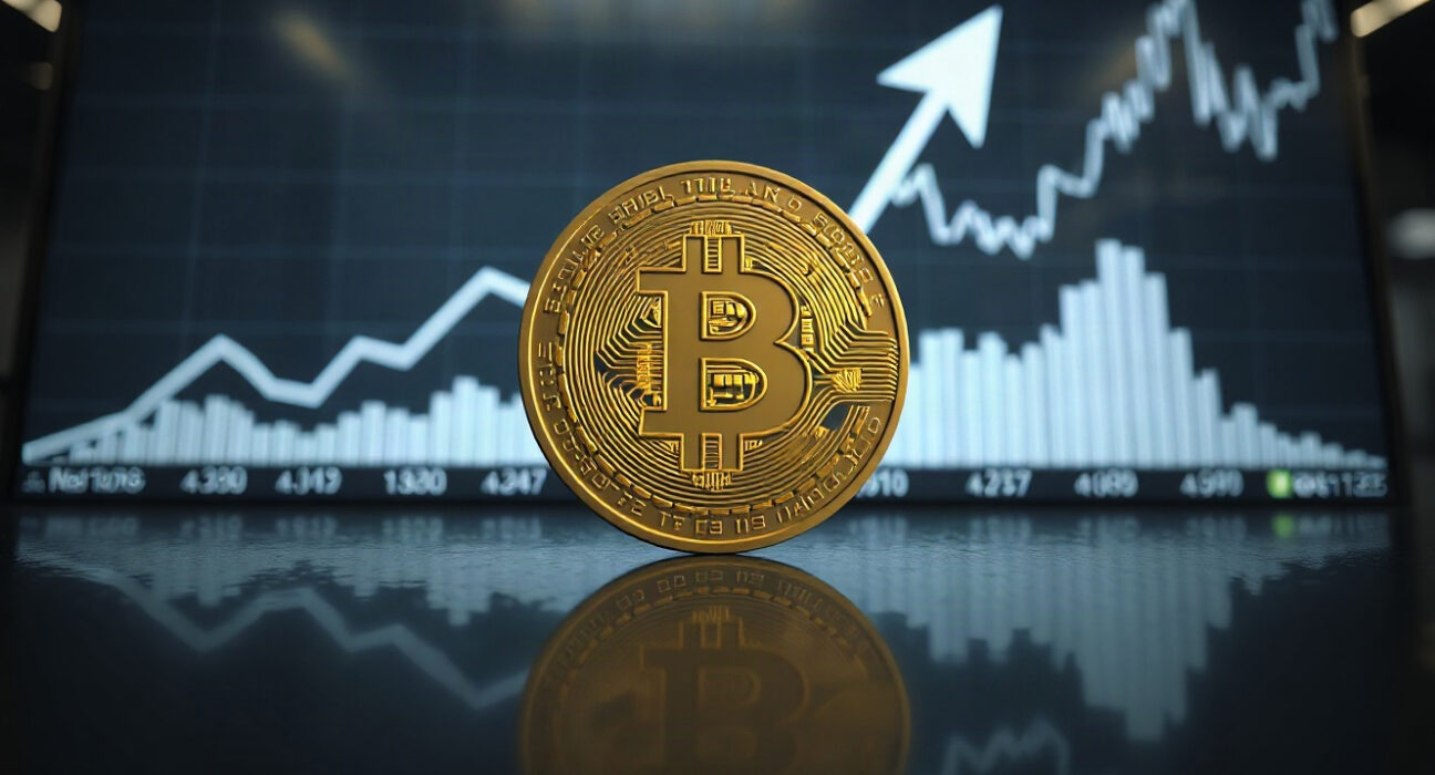 Bitcoin coin on reflective surface with subtle market graph in background