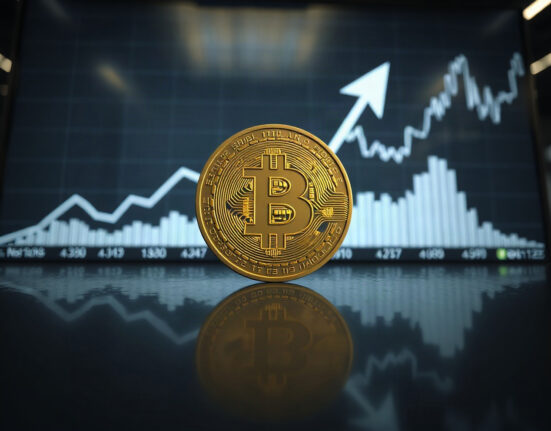Bitcoin coin on reflective surface with subtle market graph in background