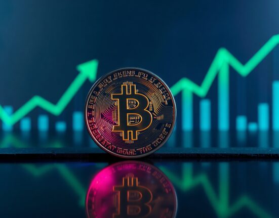 Bitcoin coin on reflective surface with green digital chart background