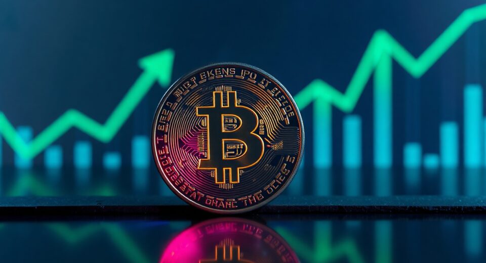 Bitcoin coin on reflective surface with green digital chart background