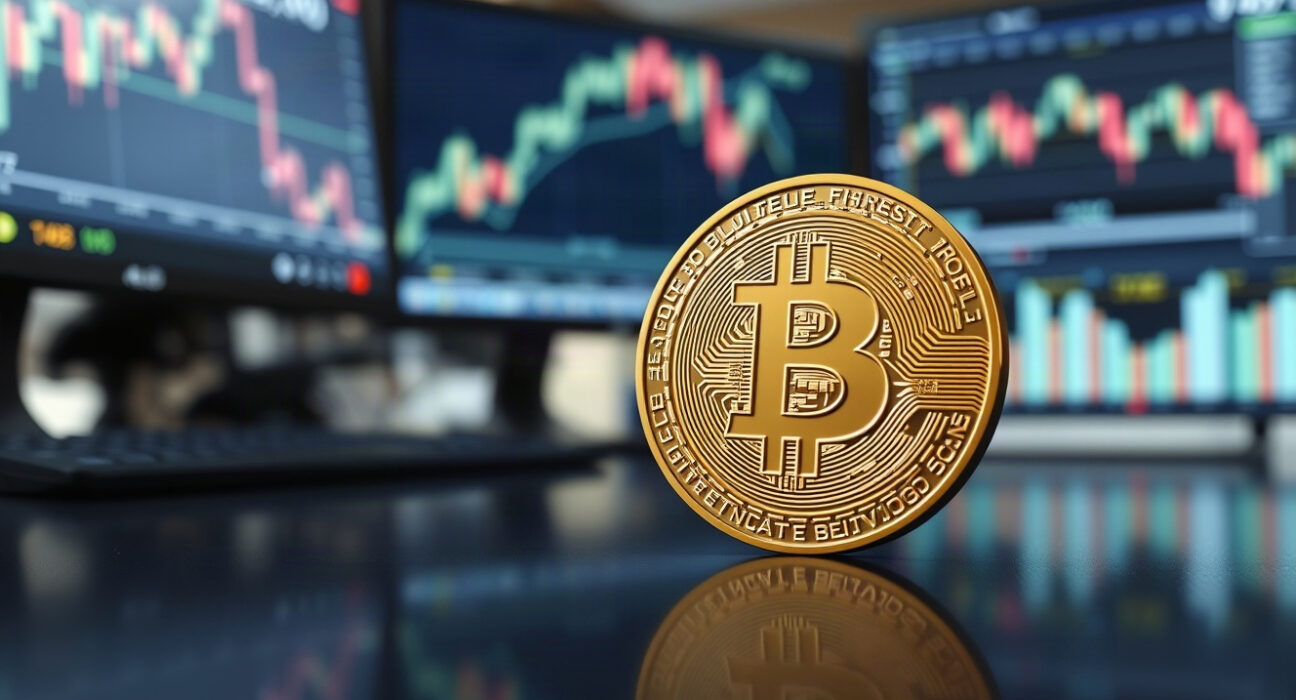 Bitcoin coin on reflective surface with upward price chart in background