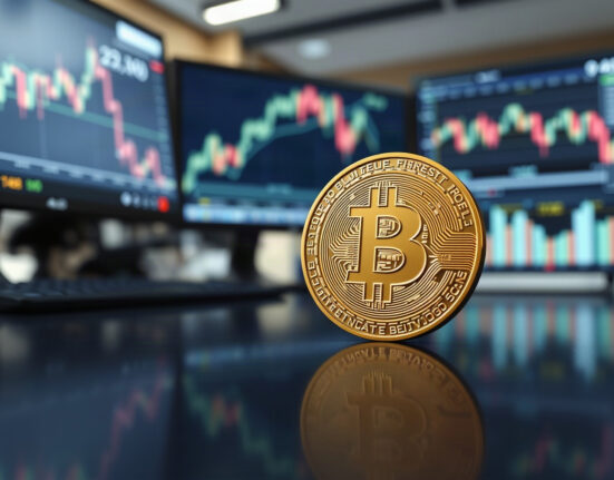 Bitcoin coin on reflective surface with upward price chart in background