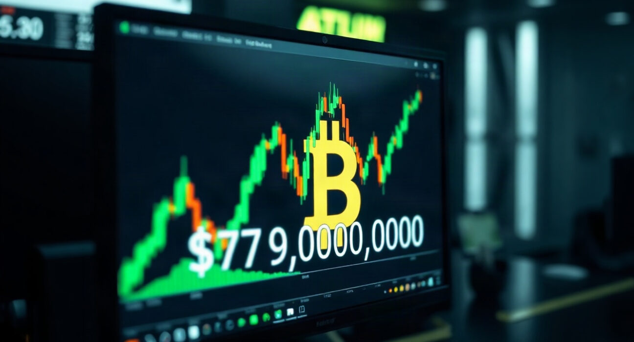 Bitcoin price chart showing a rise above $79,000 on a trading screen