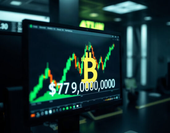 Bitcoin price chart showing a rise above $79,000 on a trading screen