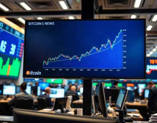 Bitcoin price chart showing upward movement on a trading screen