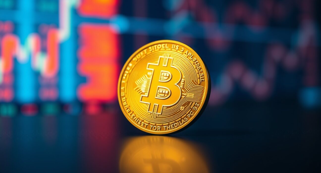 Bitcoin coin on a dark reflective surface with financial market bokeh background