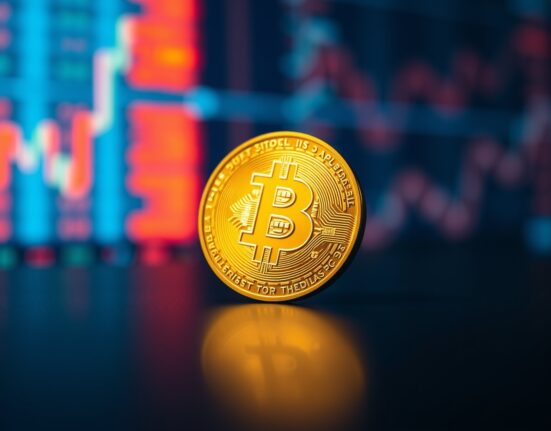 Bitcoin coin on a dark reflective surface with financial market bokeh background