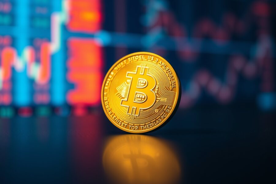Bitcoin coin on a dark reflective surface with financial market bokeh background