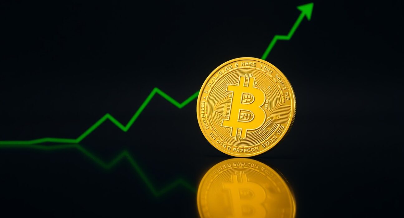 Bitcoin coin on reflective surface with upward-trending green graph line in background