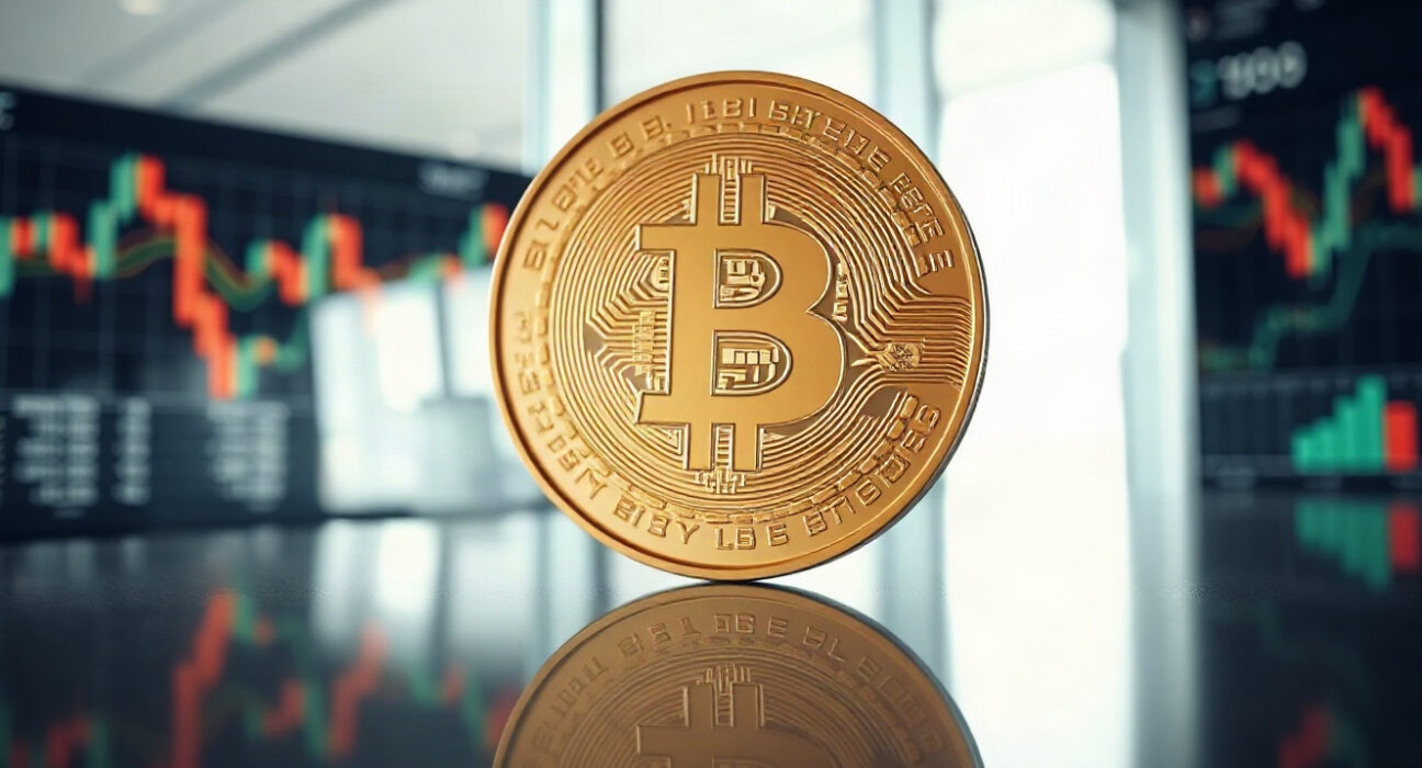Bitcoin coin in focus with financial charts blurred in background