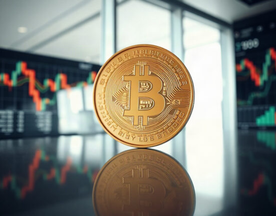 Bitcoin coin in focus with financial charts blurred in background