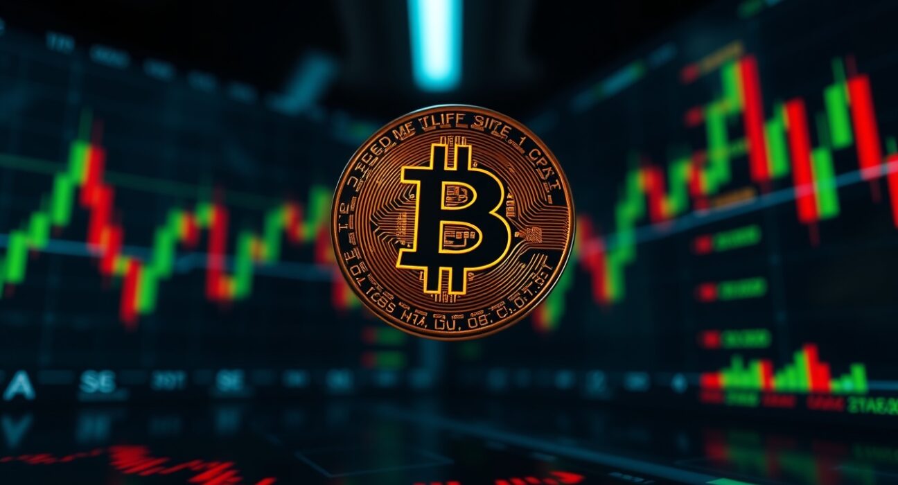 Bitcoin coin over digital trading charts representing price surge above $82,000