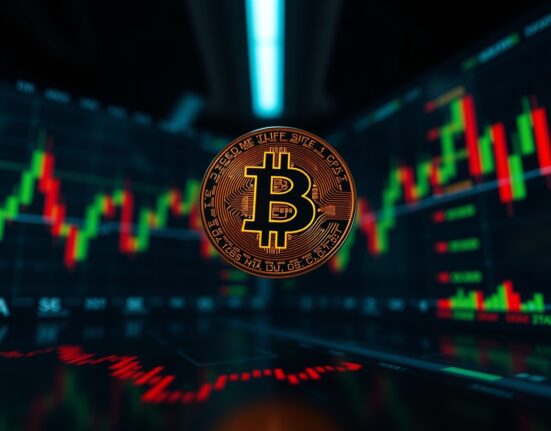 Bitcoin coin over digital trading charts representing price surge above $82,000