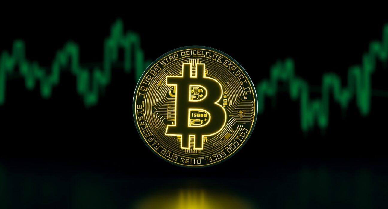 Bitcoin coin symbol on a dark digital background representing a price milestone above $82,000.
