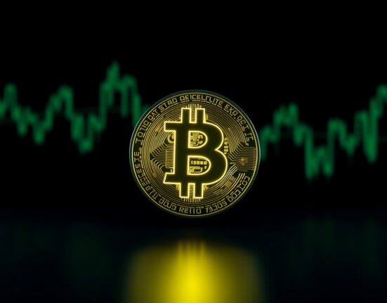 Bitcoin coin symbol on a dark digital background representing a price milestone above $82,000.