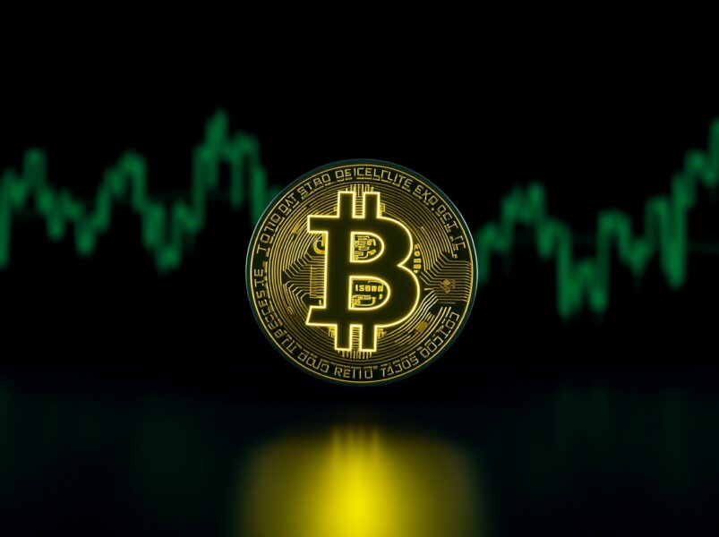 Bitcoin coin symbol on a dark digital background representing a price milestone above $82,000.