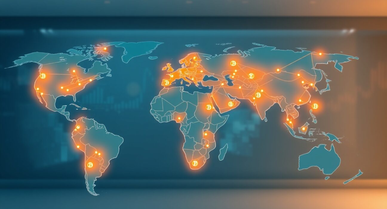 Global map illustrating the expansion of Bitcoin accessibility across multiple countries, representing the River Financial report findings.
