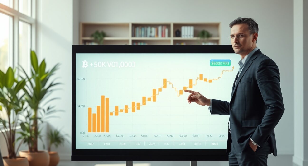 Financial analyst examining Bitcoin accumulation data showing 850K BTC purchased in $60K-$70K price range