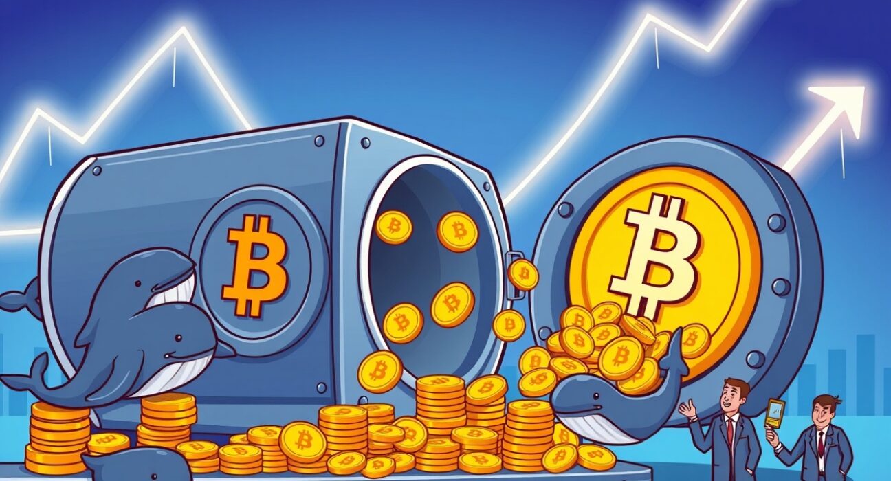 A vibrant cartoon of Bitcoin accumulation addresses as a vault collecting BTC coins from investors, signaling strong market confidence.