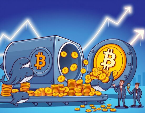 A vibrant cartoon of Bitcoin accumulation addresses as a vault collecting BTC coins from investors, signaling strong market confidence.