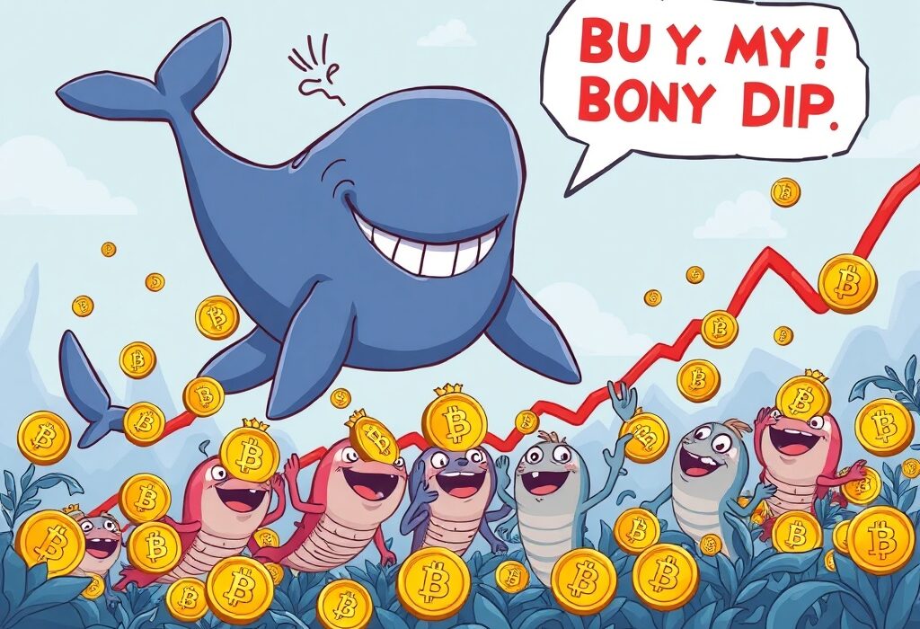 A cartoon illustration showing significant Bitcoin accumulation by large whale investors and small retail investors during a market dip, indicating strong confidence in Bitcoin accumulation.