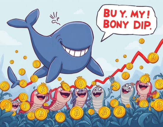 A cartoon illustration showing significant Bitcoin accumulation by large whale investors and small retail investors during a market dip, indicating strong confidence in Bitcoin accumulation.