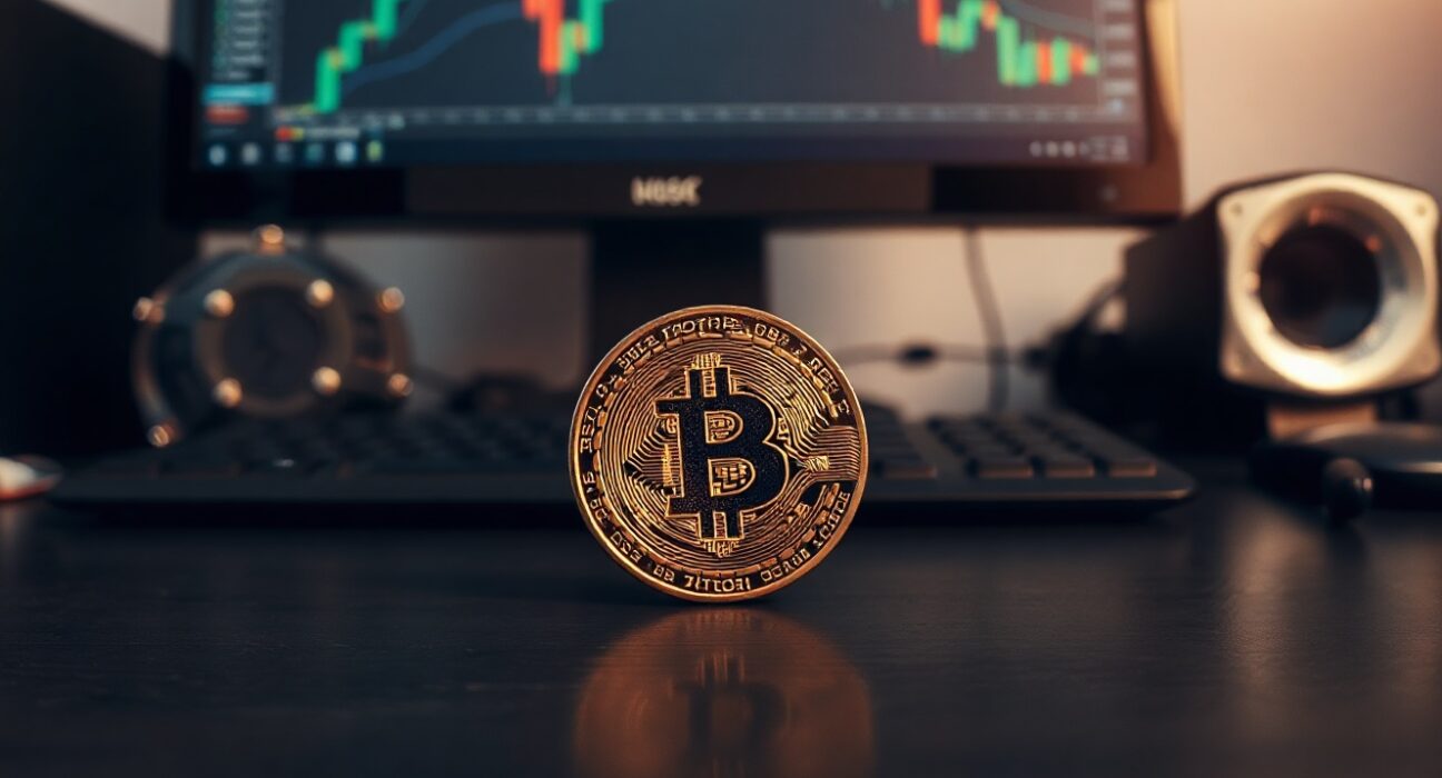 Bitcoin coin on dark table with blurred stock chart in background showing accumulation zone