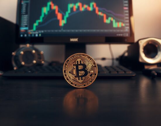 Bitcoin coin on dark table with blurred stock chart in background showing accumulation zone