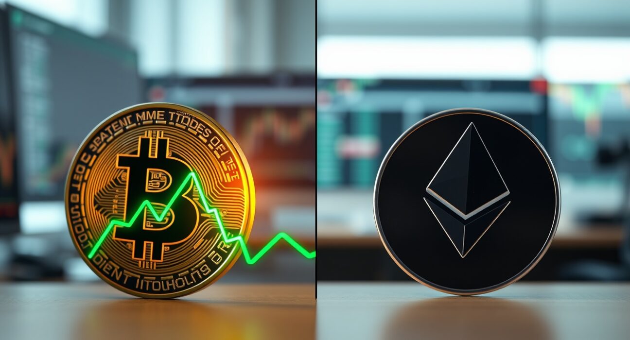 Bitcoin and Ethereum coins on a trading desk with contrasting chart trends illustrating market divergence