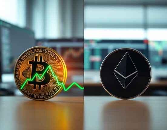 Bitcoin and Ethereum coins on a trading desk with contrasting chart trends illustrating market divergence