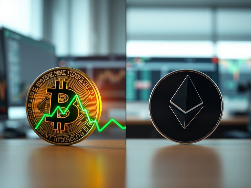 Bitcoin and Ethereum coins on a trading desk with contrasting chart trends illustrating market divergence