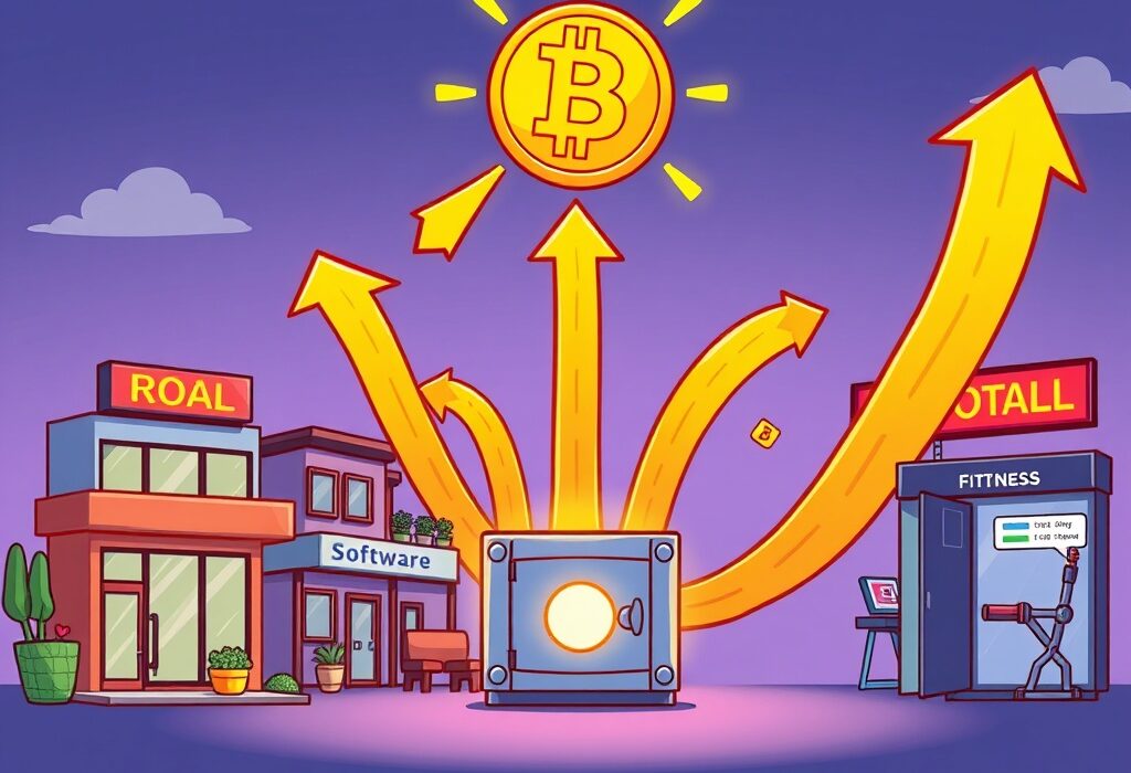 Cartoon showing diverse businesses contributing profits towards Bitcoin accumulation.