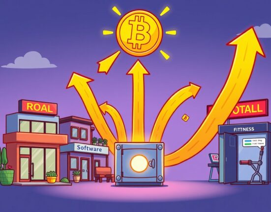 Cartoon showing diverse businesses contributing profits towards Bitcoin accumulation.