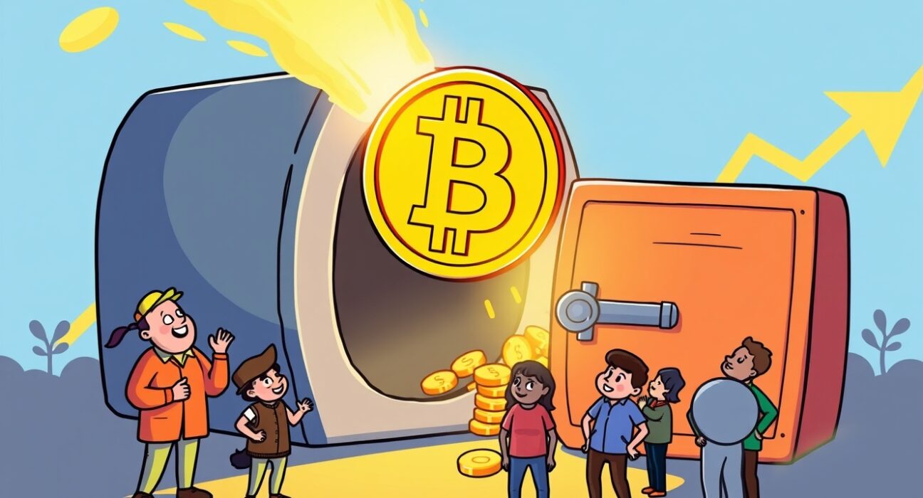 A cartoon illustration showing a significant Bitcoin accumulation event, symbolizing long-term investor confidence and a large BTC inflow.