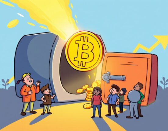 A cartoon illustration showing a significant Bitcoin accumulation event, symbolizing long-term investor confidence and a large BTC inflow.